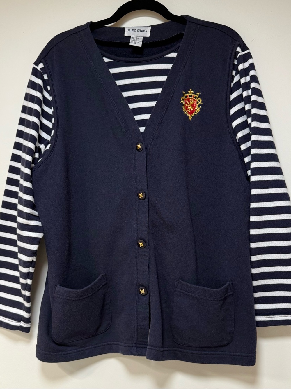 1990s Alfred Dunner Navy Layered Mock 2-Piece Cardigan Striped Sleeves Preppy